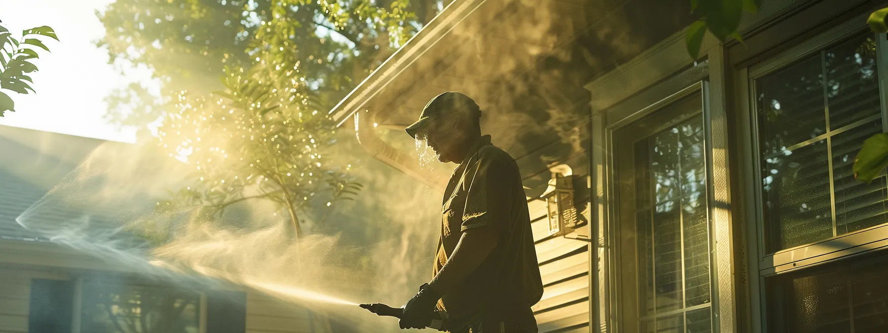 professional painters pressure washing a house exterior to prepare for a new paint job.